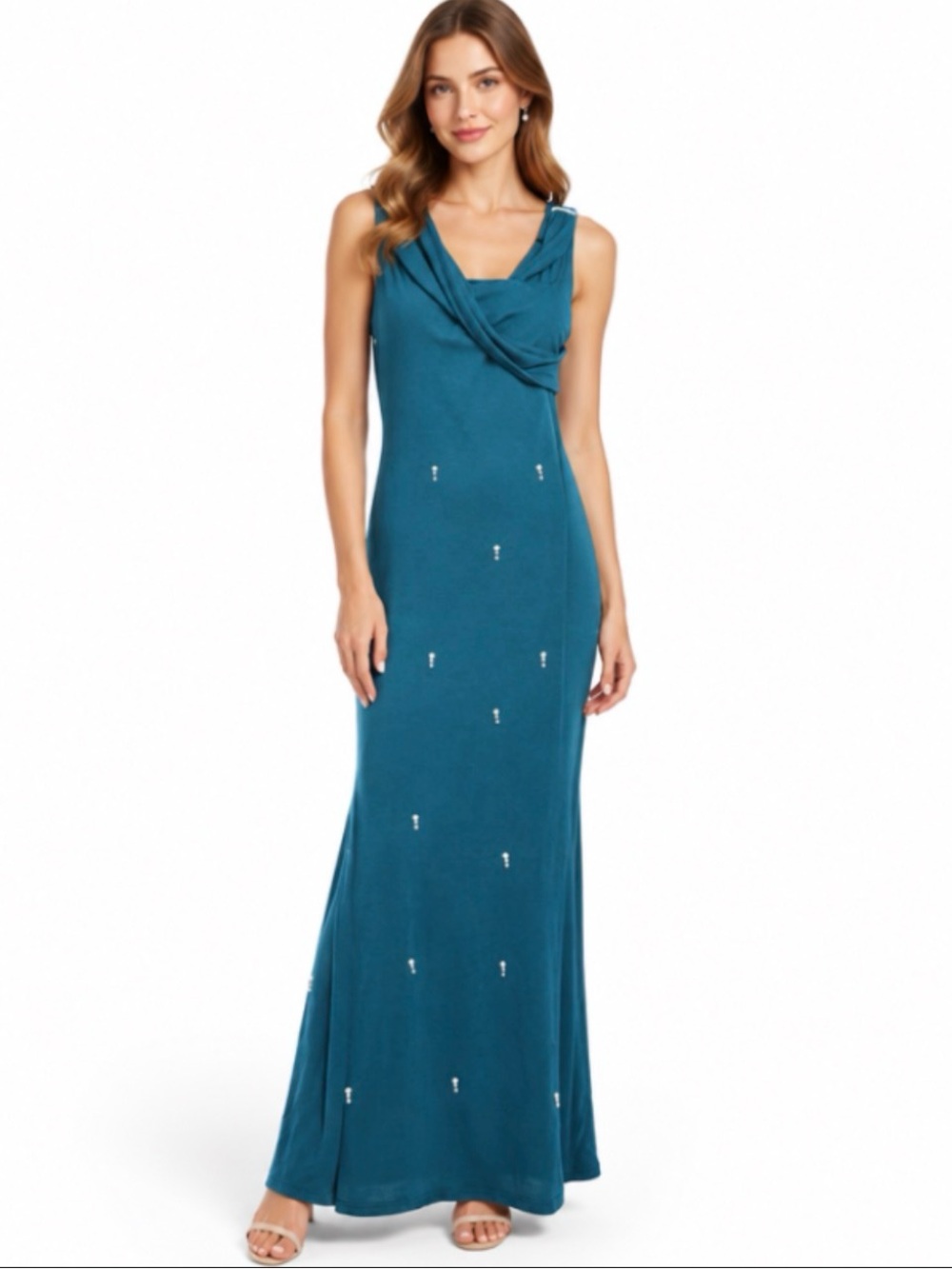 Source Unknown Teal Sleeveless Cowl Neck Prom Dress with Bead Accents